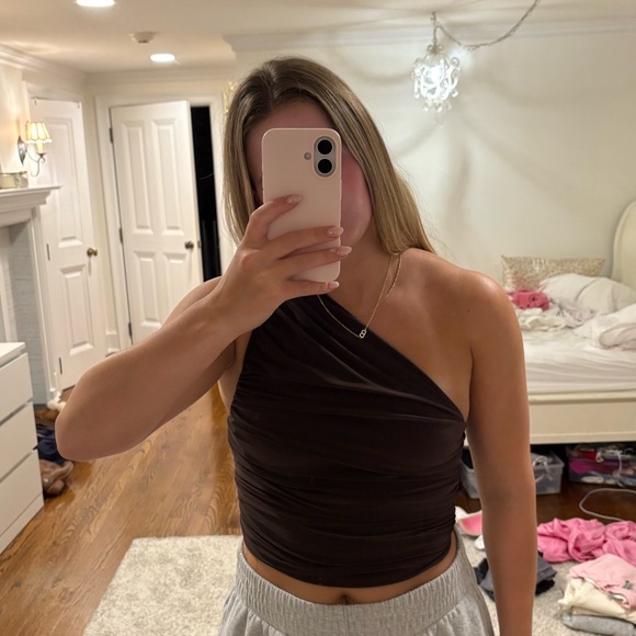 Express Brown One Shoulder Rouched Cropped Top - Picture 8 of 8